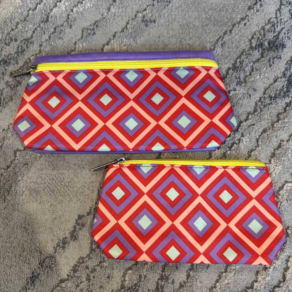 Clinique Cosmetic Makeup Bag Purple Red Blue Aqua Peach Apricot Graphic Lot Of 2